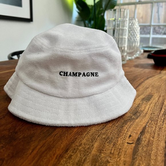 "CHAMPAGNE" White Terry Bucket Hat Unisex - Picture 1 of 4